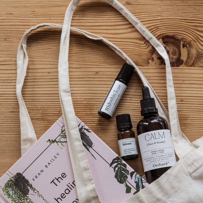 Calm Drops Herbal Tincture with canvas bag, book, calm & uplift perfume oil, stillness homeopathic remedy, calm drops herbal tincture