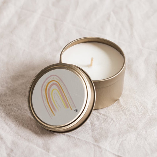 Relax Soy Wax Candle Tin - open with lid resting 